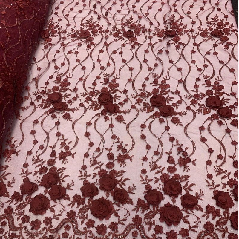 Luxury Design Embroidered Fashion Modern 3D Flowers Handmade Mesh Lace Fabric By The YardICEFABRICICE FABRICSBurgundyLuxury Design Embroidered Fashion Modern 3D Flowers Handmade Mesh Lace Fabric By The Yard ICEFABRIC Burgundy