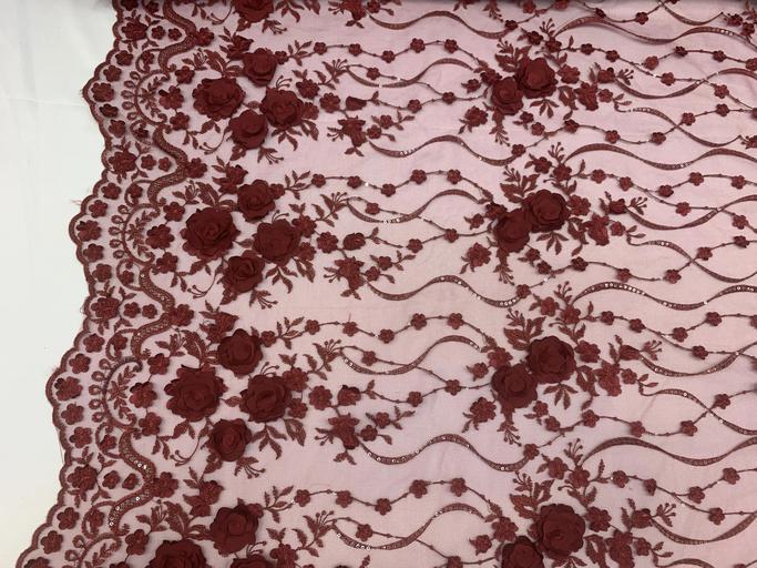 Luxury Design Embroidered Fashion Modern 3D Flowers Handmade Mesh Lace Fabric By The YardICEFABRICICE FABRICSBurgundyLuxury Design Embroidered Fashion Modern 3D Flowers Handmade Mesh Lace Fabric By The Yard ICEFABRIC Burgundy
