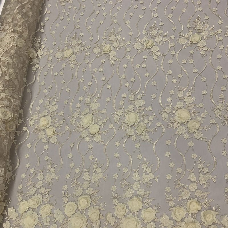 Luxury Design Embroidered Fashion Modern 3D Flowers Handmade Mesh Lace Fabric By The YardICEFABRICICE FABRICSIvoryLuxury Design Embroidered Fashion Modern 3D Flowers Handmade Mesh Lace Fabric By The Yard ICEFABRIC Ivory