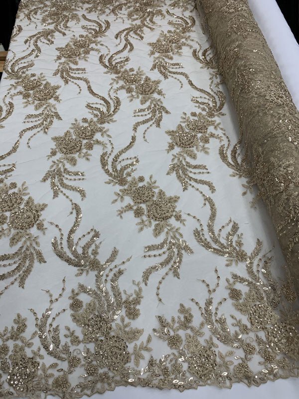 Luxury Embroidered Mini Champagne Flowers Beaded Mesh Lace Floral Fabric By The YardICEFABRICICE FABRICSLuxury Embroidered Mini Champagne Flowers Beaded Mesh Lace Floral Fabric By The Yard ICEFABRIC