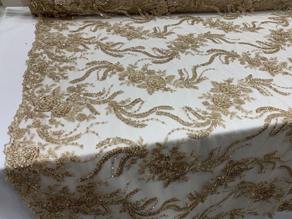 Luxury Embroidered Mini Champagne Flowers Beaded Mesh Lace Floral Fabric By The YardICEFABRICICE FABRICSLuxury Embroidered Mini Champagne Flowers Beaded Mesh Lace Floral Fabric By The Yard ICEFABRIC