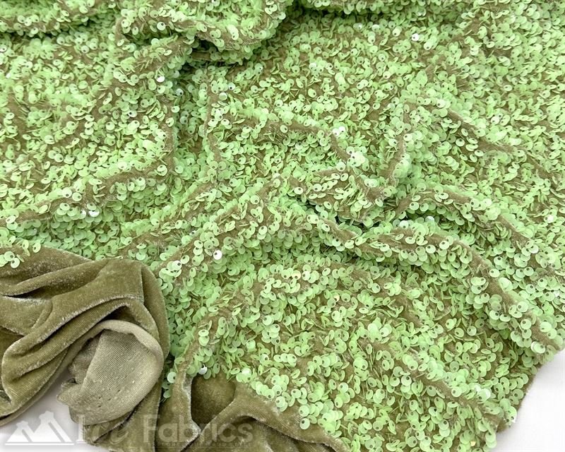 Luxury Stretch Velvet Sequin Fabric All Over Full SequinICE FABRICSICE FABRICSSage Green on Green VelvetBy The Yard (60 inches Wide)Luxury Stretch Velvet Sequin Fabric all Over Full Sequin ICE FABRICS