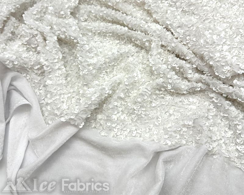 Luxury Stretch Velvet Sequin Fabric All Over Full SequinICE FABRICSICE FABRICSWhite on White VelvetBy The Yard (60 inches Wide)Luxury Stretch Velvet Sequin Fabric all Over Full Sequin ICE FABRICS