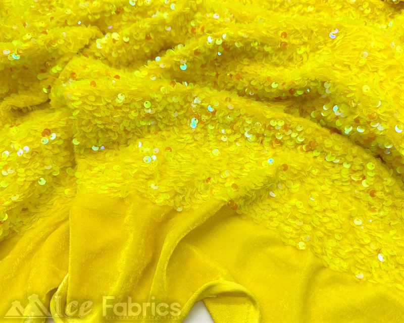 Luxury Stretch Velvet Sequin Fabric All Over Full SequinICE FABRICSICE FABRICSIridescent Yellow on Yellow VelvetBy The Yard (60 inches Wide)Luxury Stretch Velvet Sequin Fabric all Over Full Sequin ICE FABRICS