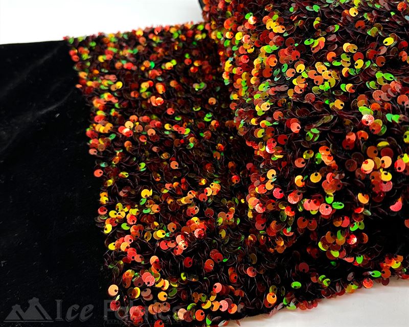 Luxury Stretch Velvet Sequin Fabric All Over Full SequinICE FABRICSICE FABRICSIridescent Orange on Black VelvetBy The Yard (60 inches Wide)Luxury Stretch Velvet Sequin Fabric all Over Full Sequin ICE FABRICS