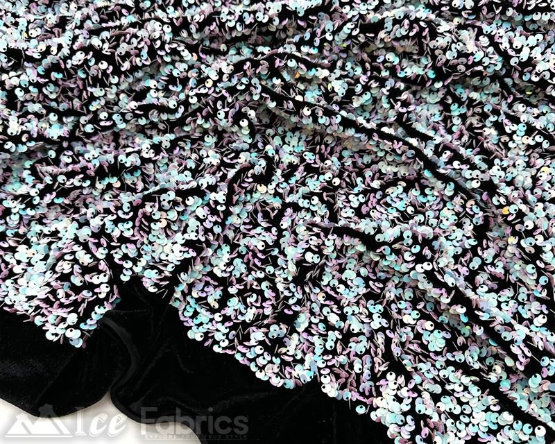 Luxury Stretch Velvet Sequin Fabric All Over Full SequinICE FABRICSICE FABRICSIridescent White Blue on Black VelvetBy The Yard (60 inches Wide)Luxury Stretch Velvet Sequin Fabric all Over Full Sequin ICE FABRICS