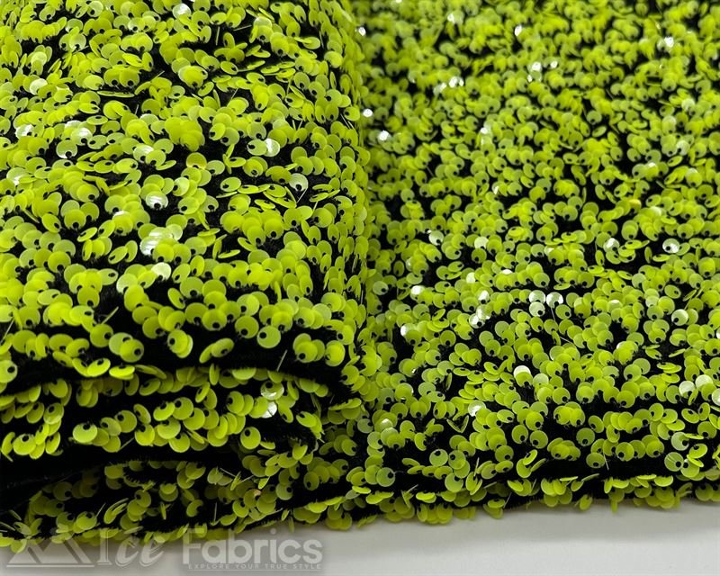 Luxury Stretch Velvet Sequin Fabric All Over Full SequinICE FABRICSICE FABRICSNeon Yellow on Black VelvetBy The Yard (60 inches Wide)Luxury Stretch Velvet Sequin Fabric all Over Full Sequin ICE FABRICS
