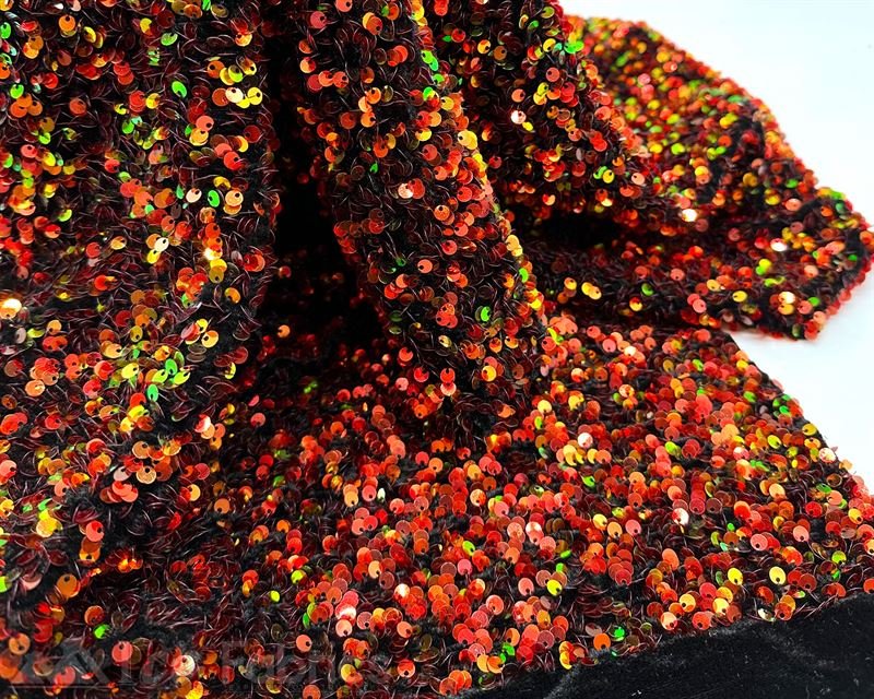 Luxury Stretch Velvet Sequin Fabric All Over Full SequinICE FABRICSICE FABRICSIridescent Orange on Black VelvetBy The Yard (60 inches Wide)Luxury Stretch Velvet Sequin Fabric all Over Full Sequin ICE FABRICS