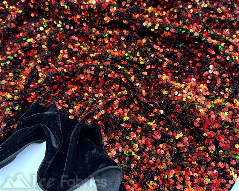 Luxury Stretch Velvet Sequin Fabric All Over Full SequinICE FABRICSICE FABRICSIridescent Orange on Black VelvetBy The Yard (60 inches Wide)Luxury Stretch Velvet Sequin Fabric all Over Full Sequin ICE FABRICS