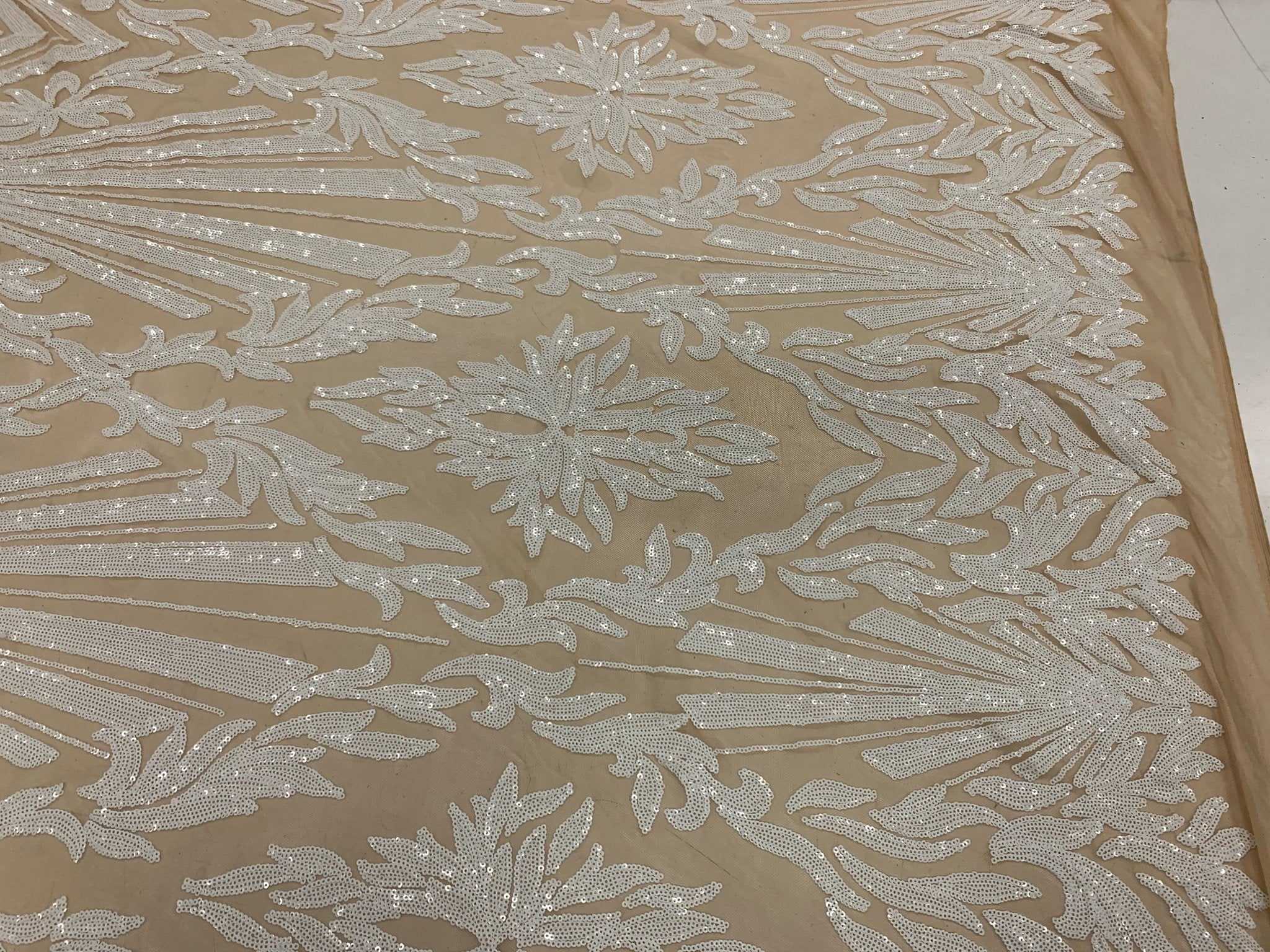 Luxury White Sequin Bridal Embroidery on Stretch Nude Mesh FabricICEFABRICICE FABRICSWhite on Nude MeshLuxury White Sequin Bridal Embroidery on Stretch Nude Mesh Fabric ICEFABRIC