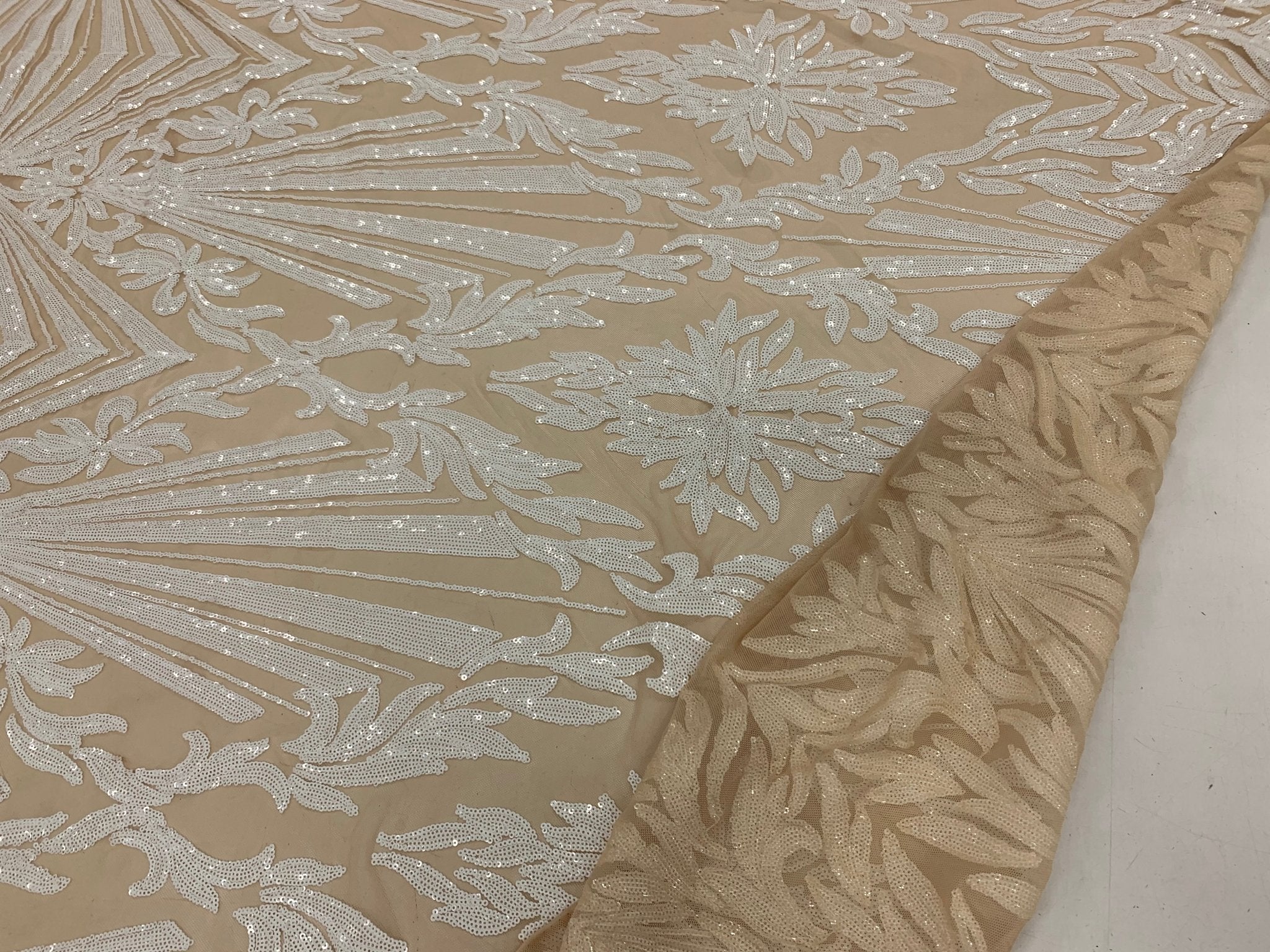 Luxury White Sequin Bridal Embroidery on Stretch Nude Mesh FabricICEFABRICICE FABRICSWhite on Nude MeshLuxury White Sequin Bridal Embroidery on Stretch Nude Mesh Fabric ICEFABRIC