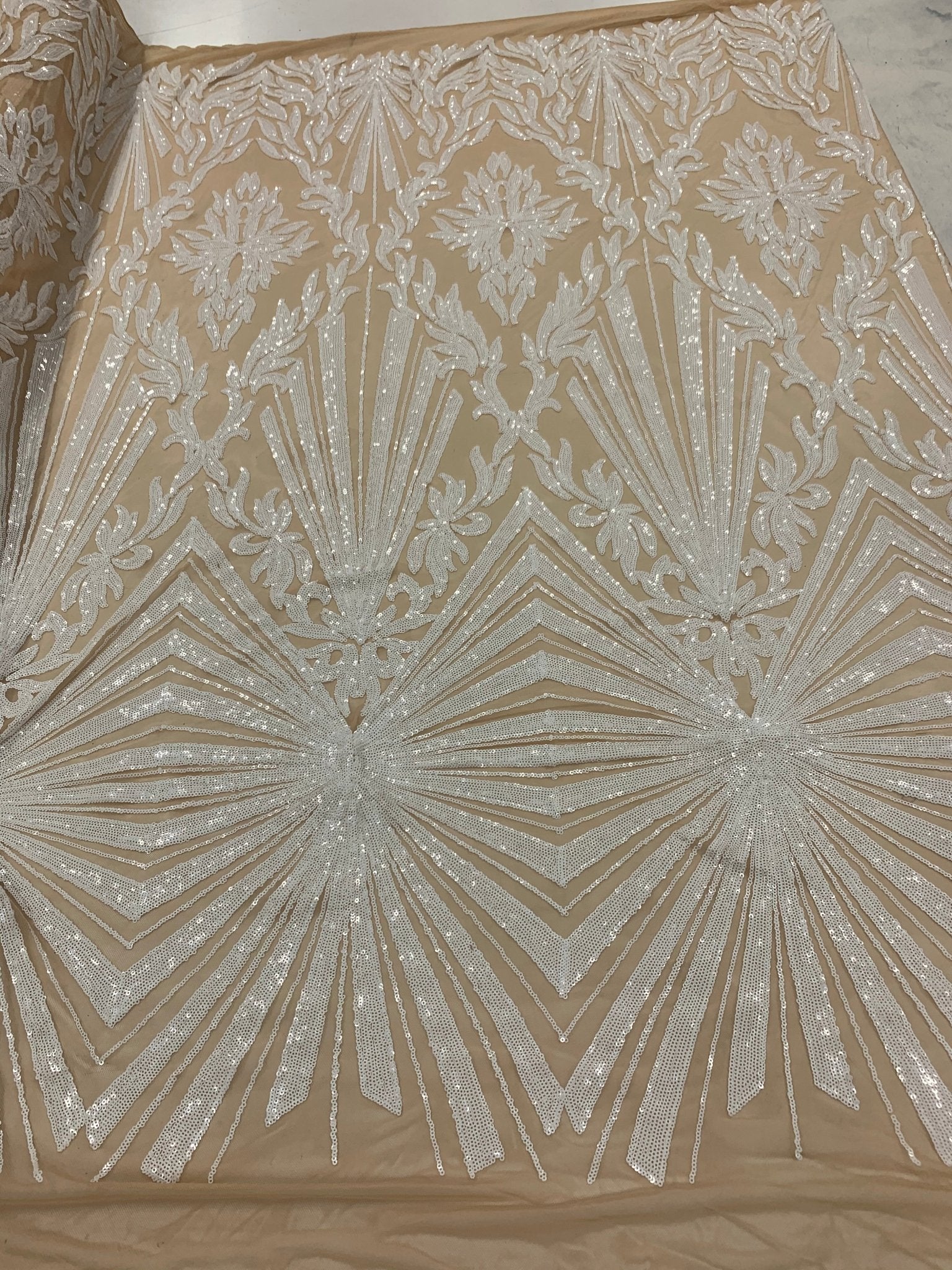 Luxury White Sequin Bridal Embroidery on Stretch Nude Mesh FabricICEFABRICICE FABRICSWhite on Nude MeshLuxury White Sequin Bridal Embroidery on Stretch Nude Mesh Fabric ICEFABRIC