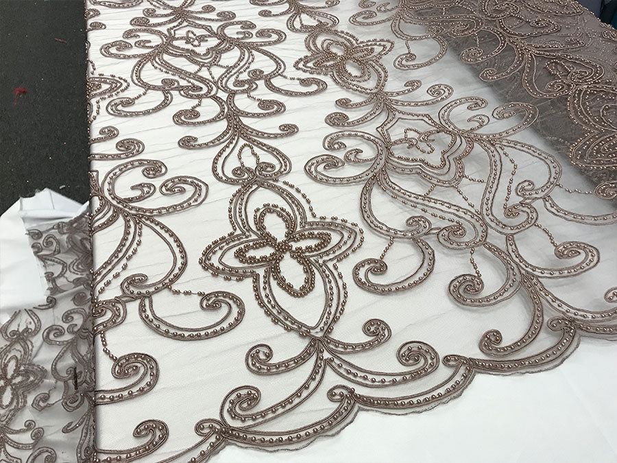 Mauve Embroidery Designed Beaded Mesh Lace Fabric Bridal Wedding DressesICE FABRICSICE FABRICSMauve Embroidery Designed Beaded Mesh Lace Fabric Bridal Wedding Dresses ICE FABRICS