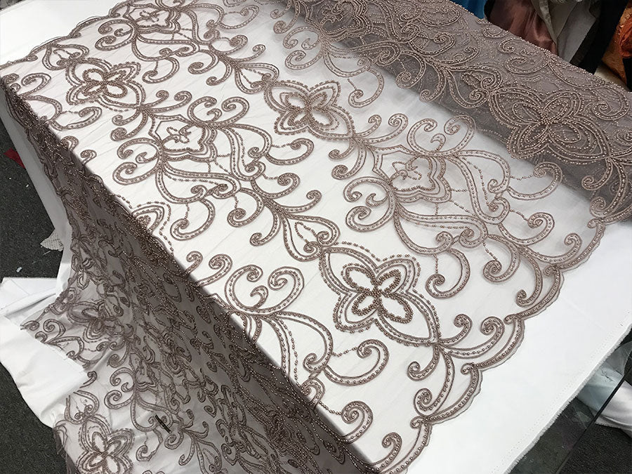 Mauve Embroidery Designed Beaded Mesh Lace Fabric Bridal Wedding DressesICE FABRICSICE FABRICSMauve Embroidery Designed Beaded Mesh Lace Fabric Bridal Wedding Dresses ICE FABRICS