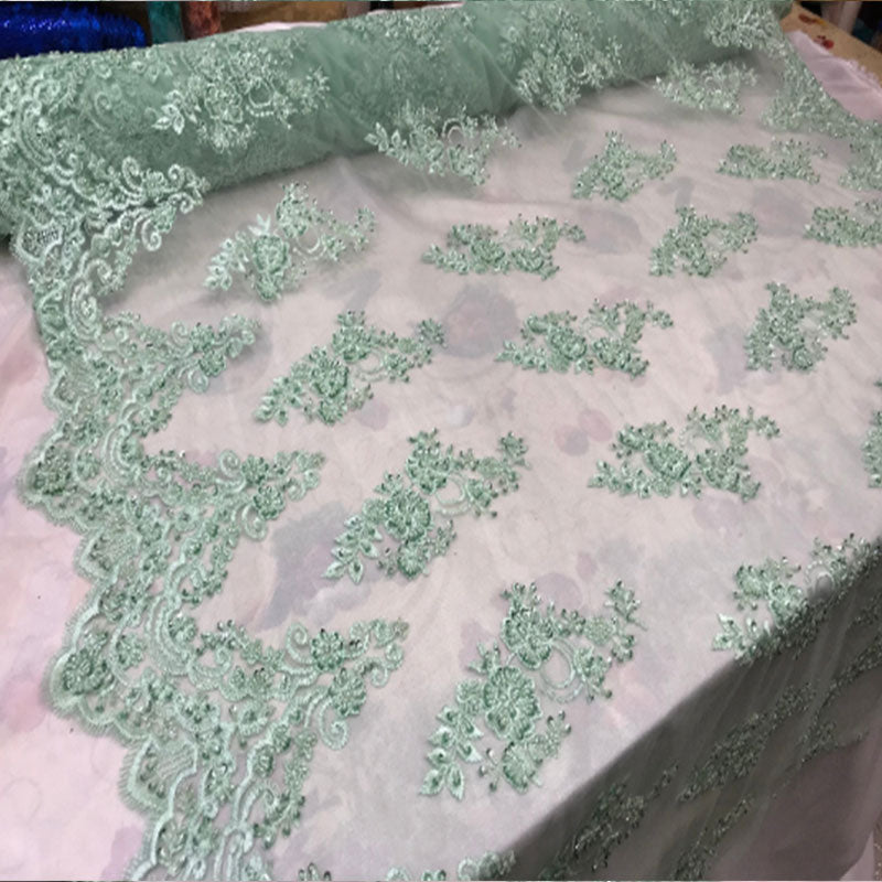 Floral Embroidered Bridal Wedding Beaded Mesh Lace FabricICEFABRICICE FABRICSNavy BlueFloral Embroidered Bridal Wedding Beaded Mesh Lace Fabric ICEFABRIC Mint