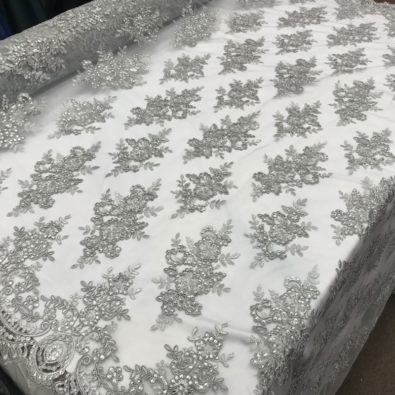 Modern Flower Design Metallic Embroidered Cord Prom With Sequins Mesh Lace FabricICE FABRICSICE FABRICSSilverModern Flower Design Metallic Embroidered Cord Prom With Sequins Mesh Lace Fabric ICE FABRICS