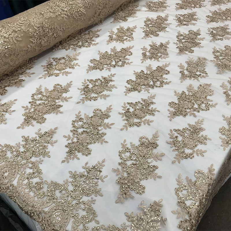 Modern Flower Design Metallic Embroidered Cord Prom With Sequins Mesh Lace FabricICE FABRICSICE FABRICSChampagneModern Flower Design Metallic Embroidered Cord Prom With Sequins Mesh Lace Fabric ICE FABRICS