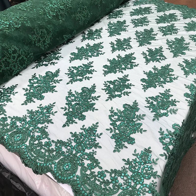 Modern Flower Design Metallic Embroidered Cord Prom With Sequins Mesh Lace FabricICE FABRICSICE FABRICSHunter GreenModern Flower Design Metallic Embroidered Cord Prom With Sequins Mesh Lace Fabric ICE FABRICS