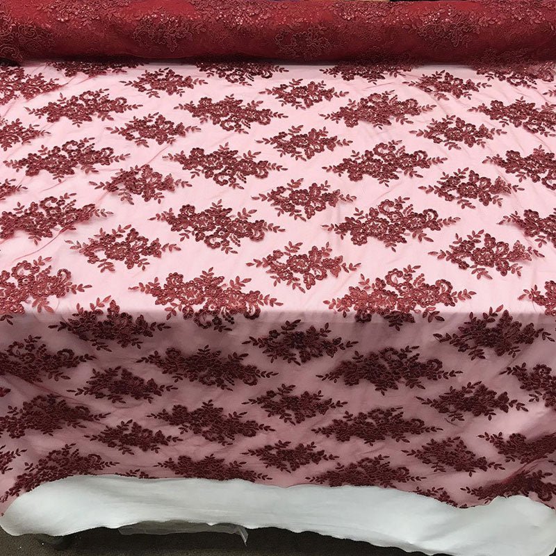 Modern Flower Design Metallic Embroidered Cord Prom With Sequins Mesh Lace FabricICE FABRICSICE FABRICSBurgundyModern Flower Design Metallic Embroidered Cord Prom With Sequins Mesh Lace Fabric ICE FABRICS