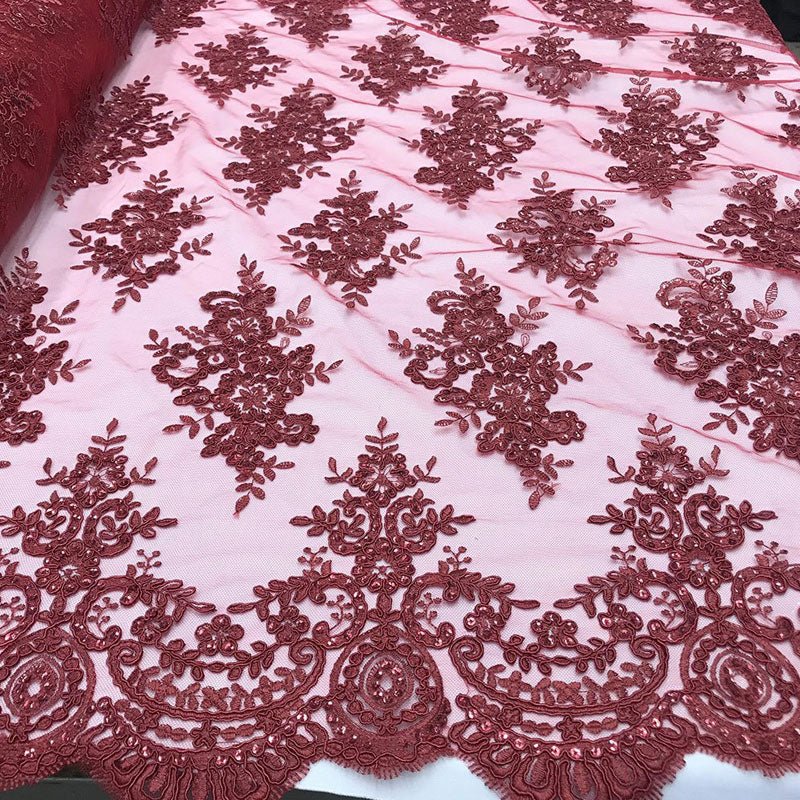 Modern Flower Design Metallic Embroidered Cord Prom With Sequins Mesh Lace FabricICE FABRICSICE FABRICSBurgundyModern Flower Design Metallic Embroidered Cord Prom With Sequins Mesh Lace Fabric ICE FABRICS