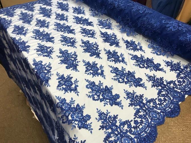 Modern Flower Design Metallic Embroidered Cord Prom With Sequins Mesh Lace FabricICE FABRICSICE FABRICSRoyal BlueModern Flower Design Metallic Embroidered Cord Prom With Sequins Mesh Lace Fabric ICE FABRICS