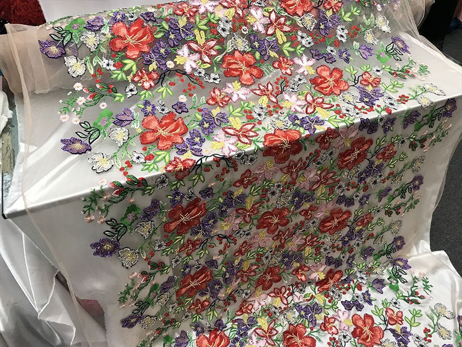 Multi-Color Bridal Wedding Designed Beaded Mesh Lace FabricICE FABRICSICE FABRICSMulti-Color Bridal Wedding Designed Beaded Mesh Lace Fabric ICE FABRICS