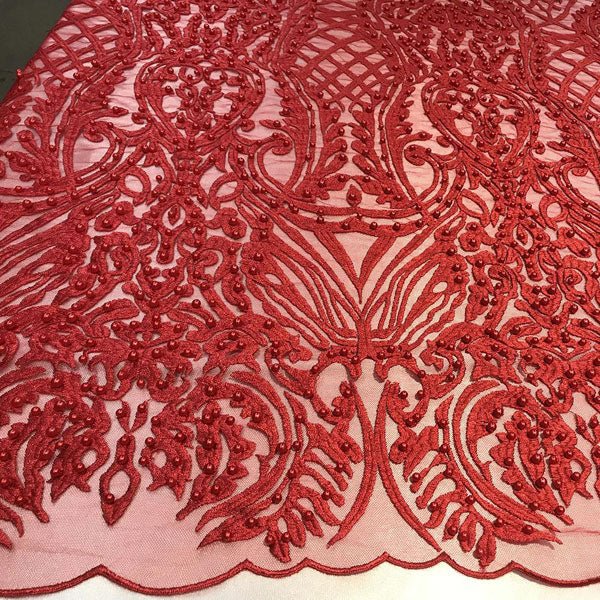 Multi-Color Design Embroidered Beaded Lace FabricICE FABRICSICE FABRICSRedMulti-Color Design Embroidered Beaded Lace Fabric ICE FABRICS