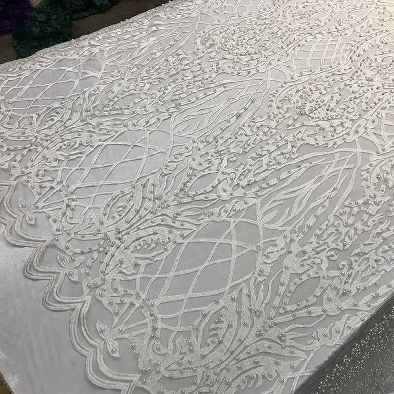 Multi-Color Design Embroidered Beaded Lace FabricICE FABRICSICE FABRICSWhiteMulti-Color Design Embroidered Beaded Lace Fabric ICE FABRICS