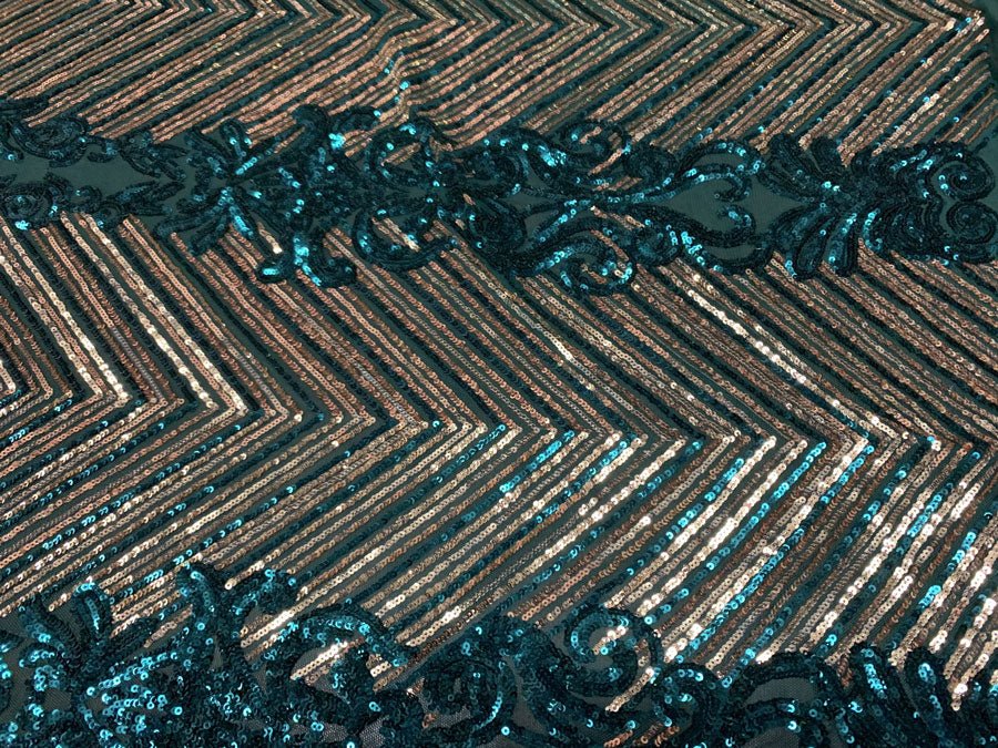 Nadia 4 Way Stretch Sequin Spandex Embroidered Fabric Sold By The YardICE FABRICSICE FABRICSHunter Green Gold On Green Mesh1 YardNadia 4 Way Stretch Sequin Spandex Embroidered Fabric Sold By The Yard ICE FABRICS