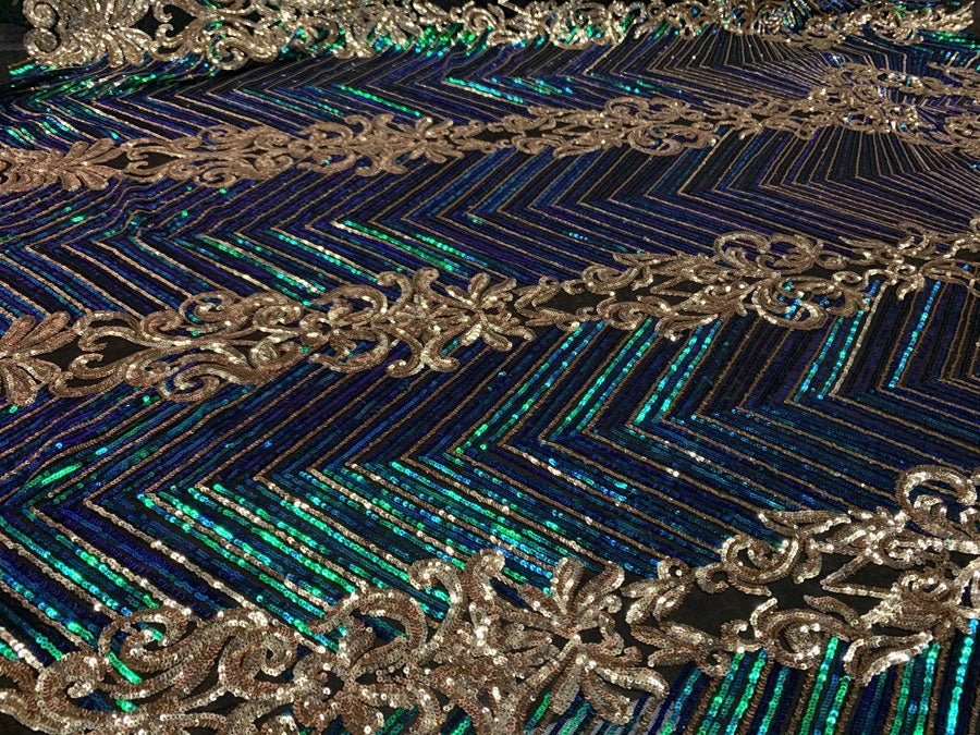 Nadia 4 Way Stretch Sequin Spandex Embroidered Fabric Sold By The YardICE FABRICSICE FABRICSIridescent Green Gold On Black Mesh1 YardNadia 4 Way Stretch Sequin Spandex Embroidered Fabric Sold By The Yard ICE FABRICS