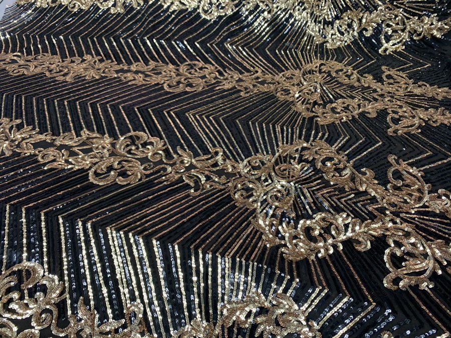 Nadia 4 Way Stretch Sequin Spandex Embroidered Fabric Sold By The YardICE FABRICSICE FABRICSBlack Gold On Black Mesh1 YardNadia 4 Way Stretch Sequin Spandex Embroidered Fabric Sold By The Yard ICE FABRICS