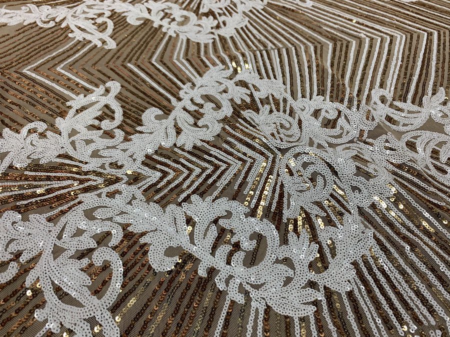 Nadia 4 Way Stretch Sequin Spandex Embroidered Fabric Sold By The YardICE FABRICSICE FABRICSWhite Gold On Gold Mesh1 YardNadia 4 Way Stretch Sequin Spandex Embroidered Fabric Sold By The Yard ICE FABRICS
