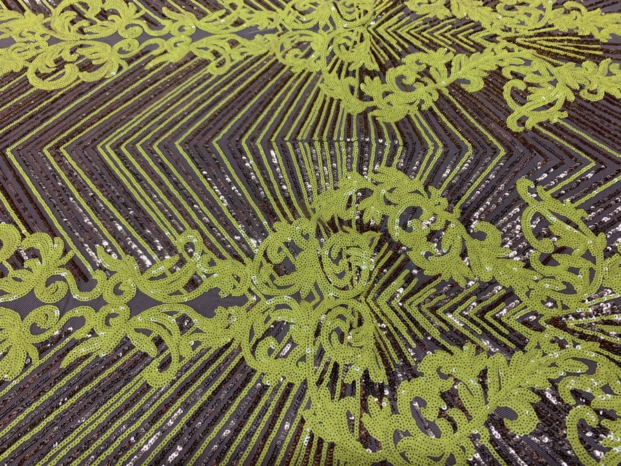 Nadia 4 Way Stretch Sequin Spandex Embroidered Fabric Sold By The YardICE FABRICSICE FABRICSNeon Yellow Gold ON Nude Mesh1 YardNadia 4 Way Stretch Sequin Spandex Embroidered Fabric Sold By The Yard ICE FABRICS