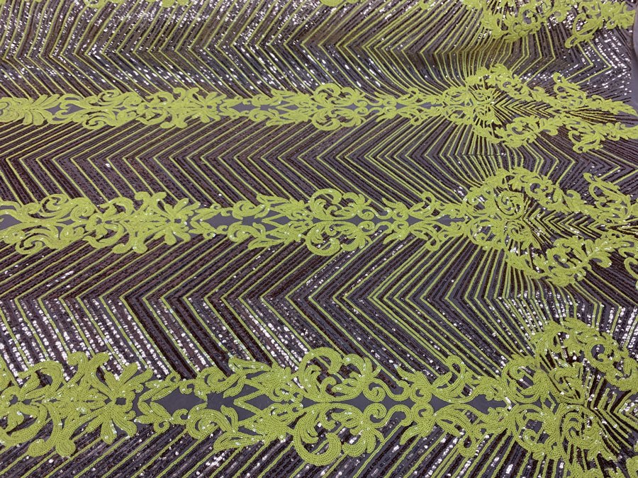 Nadia 4 Way Stretch Sequin Spandex Embroidered Fabric Sold By The YardICE FABRICSICE FABRICSNeon Yellow Gold ON Nude Mesh1 YardNadia 4 Way Stretch Sequin Spandex Embroidered Fabric Sold By The Yard ICE FABRICS