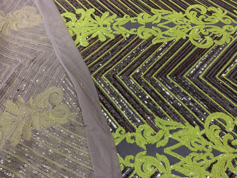 Nadia 4 Way Stretch Sequin Spandex Embroidered Fabric Sold By The YardICE FABRICSICE FABRICSNeon Yellow Gold ON Nude Mesh1 YardNadia 4 Way Stretch Sequin Spandex Embroidered Fabric Sold By The Yard ICE FABRICS