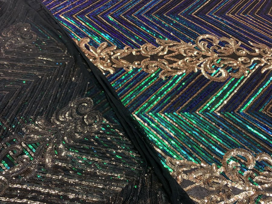 Nadia 4 Way Stretch Sequin Spandex Embroidered Fabric Sold By The YardICE FABRICSICE FABRICSIridescent Green Gold On Black Mesh1 YardNadia 4 Way Stretch Sequin Spandex Embroidered Fabric Sold By The Yard ICE FABRICS