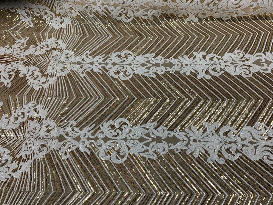 Nadia 4 Way Stretch Sequin Spandex Embroidered Fabric Sold By The YardICE FABRICSICE FABRICSWhite Gold On Gold Mesh1 YardNadia 4 Way Stretch Sequin Spandex Embroidered Fabric Sold By The Yard ICE FABRICS