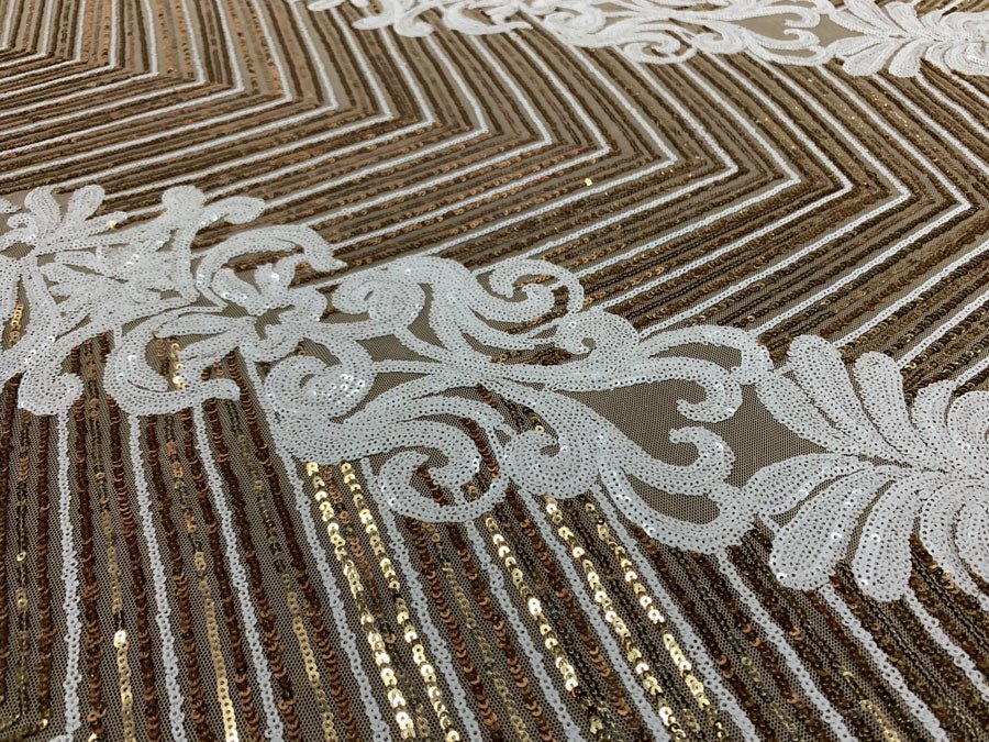 Nadia 4 Way Stretch Sequin Spandex Embroidered Fabric Sold By The YardICE FABRICSICE FABRICSWhite Gold On Gold Mesh1 YardNadia 4 Way Stretch Sequin Spandex Embroidered Fabric Sold By The Yard ICE FABRICS