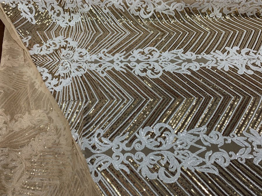 Nadia 4 Way Stretch Sequin Spandex Embroidered Fabric Sold By The YardICE FABRICSICE FABRICSWhite Gold On Gold Mesh1 YardNadia 4 Way Stretch Sequin Spandex Embroidered Fabric Sold By The Yard ICE FABRICS