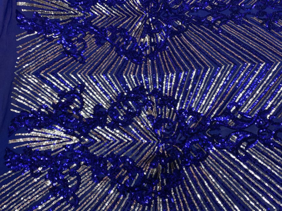 Nadia 4 Way Stretch Sequin Spandex Embroidered Fabric Sold By The YardICE FABRICSICE FABRICSRoyal Blue Gold On Blue Mesh1 YardNadia 4 Way Stretch Sequin Spandex Embroidered Fabric Sold By The Yard ICE FABRICS