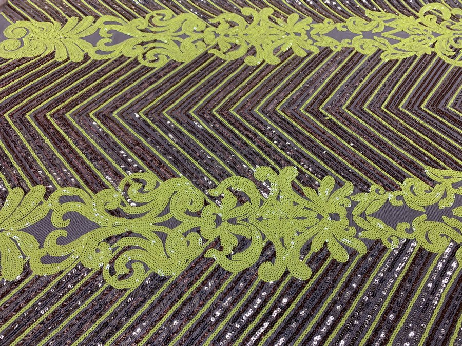 Nadia 4 Way Stretch Sequin Spandex Embroidered Fabric Sold By The YardICE FABRICSICE FABRICSNeon Yellow Gold ON Nude Mesh1 YardNadia 4 Way Stretch Sequin Spandex Embroidered Fabric Sold By The Yard ICE FABRICS