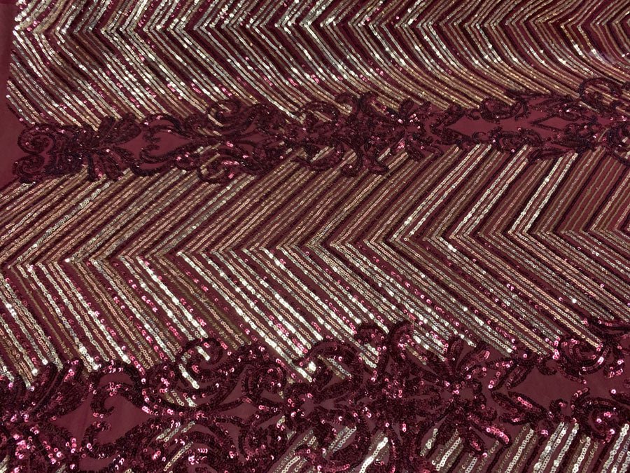Nadia 4 Way Stretch Sequin Spandex Embroidered Fabric Sold By The YardICE FABRICSICE FABRICSBurgundy Gold On Burgundy Mesh1 YardNadia 4 Way Stretch Sequin Spandex Embroidered Fabric Sold By The Yard ICE FABRICS