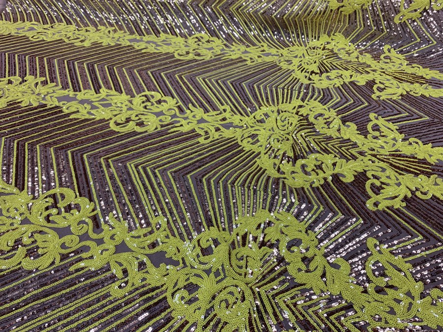 Nadia 4 Way Stretch Sequin Spandex Embroidered Fabric Sold By The YardICE FABRICSICE FABRICSNeon Yellow Gold ON Nude Mesh1 YardNadia 4 Way Stretch Sequin Spandex Embroidered Fabric Sold By The Yard ICE FABRICS