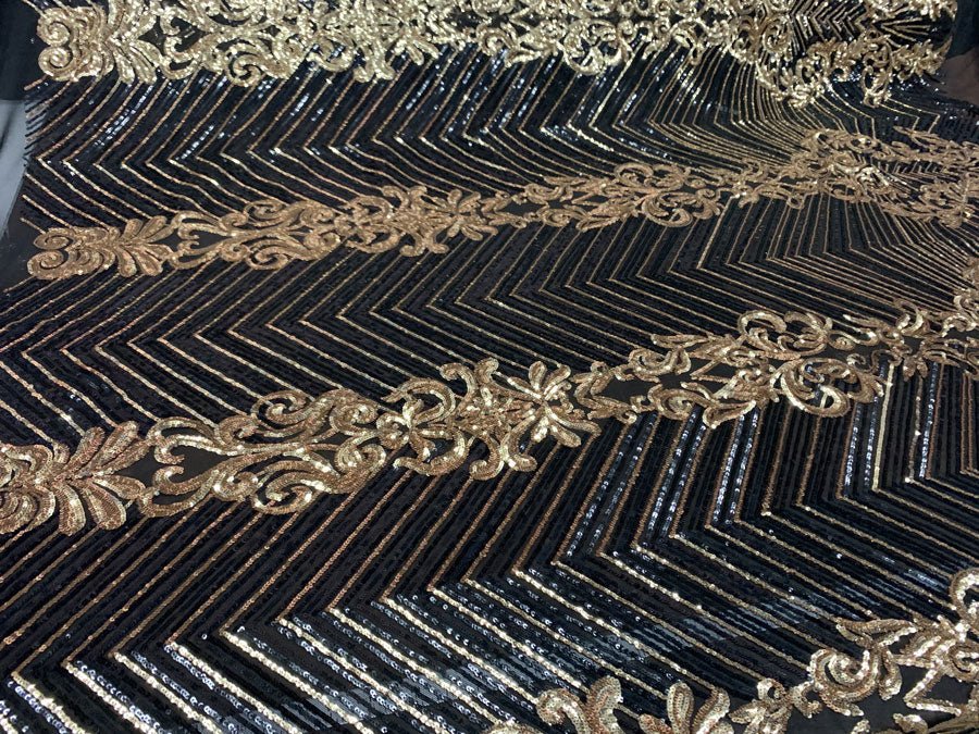 Nadia 4 Way Stretch Sequin Spandex Embroidered Fabric Sold By The YardICE FABRICSICE FABRICSBlack Gold On Black Mesh1 YardNadia 4 Way Stretch Sequin Spandex Embroidered Fabric Sold By The Yard ICE FABRICS