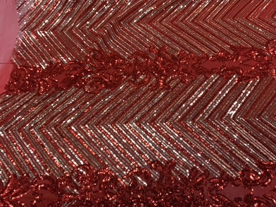 Nadia 4 Way Stretch Sequin Spandex Embroidered Fabric Sold By The YardICE FABRICSICE FABRICSRed Gold On Red Mesh1 YardNadia 4 Way Stretch Sequin Spandex Embroidered Fabric Sold By The Yard ICE FABRICS