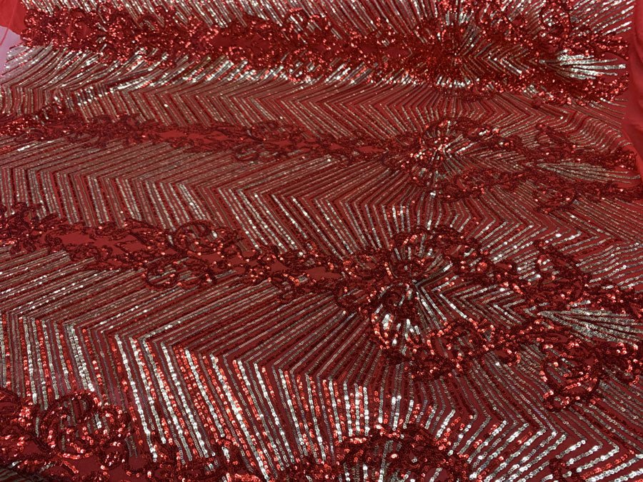 Nadia 4 Way Stretch Sequin Spandex Embroidered Fabric Sold By The YardICE FABRICSICE FABRICSRed Gold On Red Mesh1 YardNadia 4 Way Stretch Sequin Spandex Embroidered Fabric Sold By The Yard ICE FABRICS