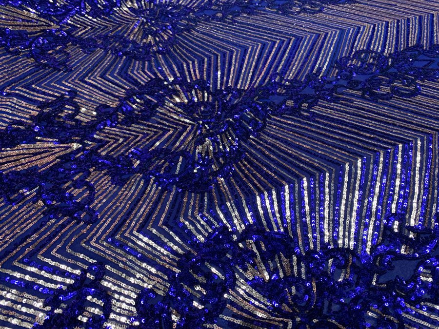 Nadia 4 Way Stretch Sequin Spandex Embroidered Fabric Sold By The YardICE FABRICSICE FABRICSRoyal Blue Gold On Blue Mesh1 YardNadia 4 Way Stretch Sequin Spandex Embroidered Fabric Sold By The Yard ICE FABRICS