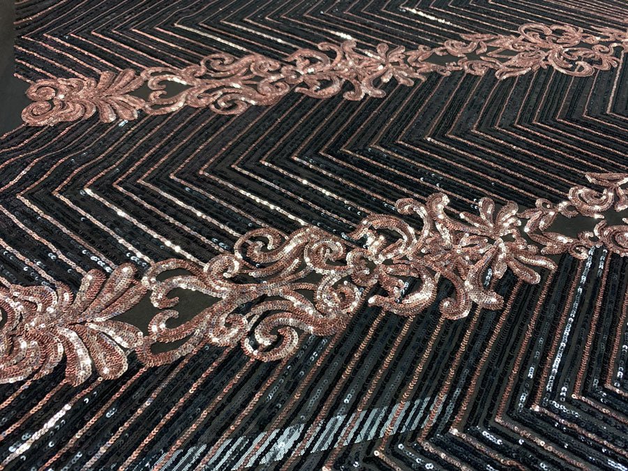 Nadia 4 Way Stretch Sequin Spandex Embroidered Fabric Sold By The YardICE FABRICSICE FABRICSRose Gold on Black Mesh1 YardNadia 4 Way Stretch Sequin Spandex Embroidered Fabric Sold By The Yard ICE FABRICS
