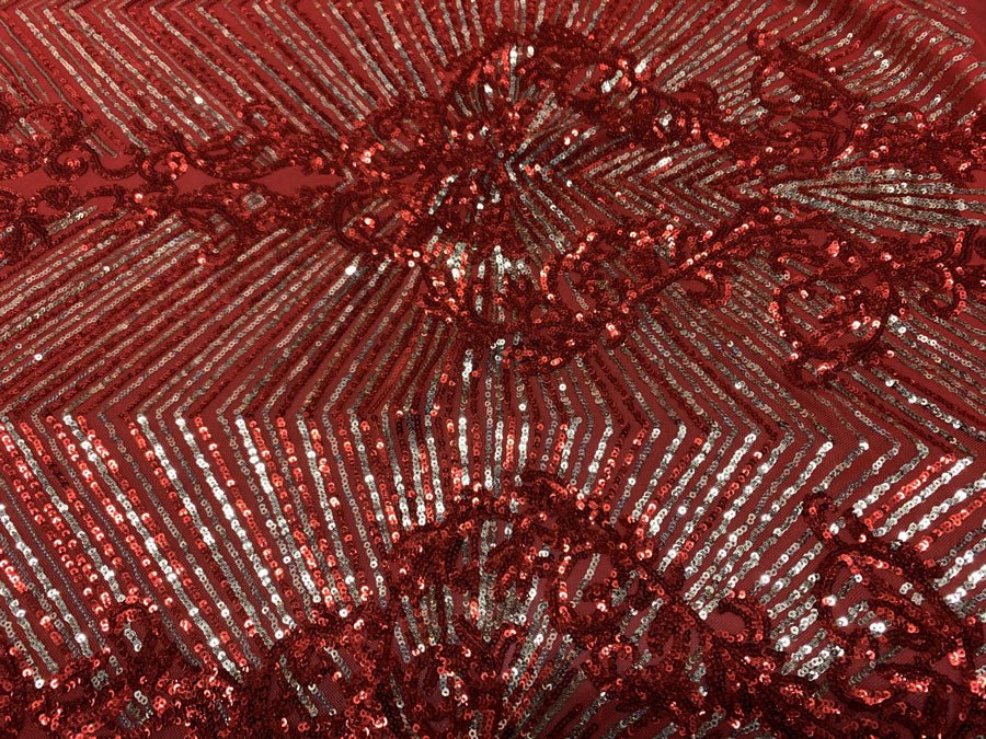 Nadia 4 Way Stretch Sequin Spandex Embroidered Fabric Sold By The YardICE FABRICSICE FABRICSRed Gold On Red Mesh1 YardNadia 4 Way Stretch Sequin Spandex Embroidered Fabric Sold By The Yard ICE FABRICS