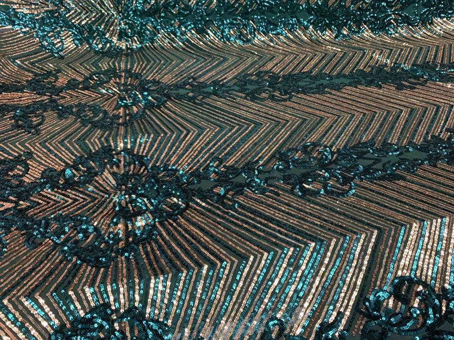 Nadia 4 Way Stretch Sequin Spandex Embroidered Fabric Sold By The YardICE FABRICSICE FABRICSHunter Green Gold On Green Mesh1 YardNadia 4 Way Stretch Sequin Spandex Embroidered Fabric Sold By The Yard ICE FABRICS